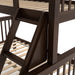 Left facing close up of the ladder of a Mission style twin-over-full dark brown wood bunk bed on a white background