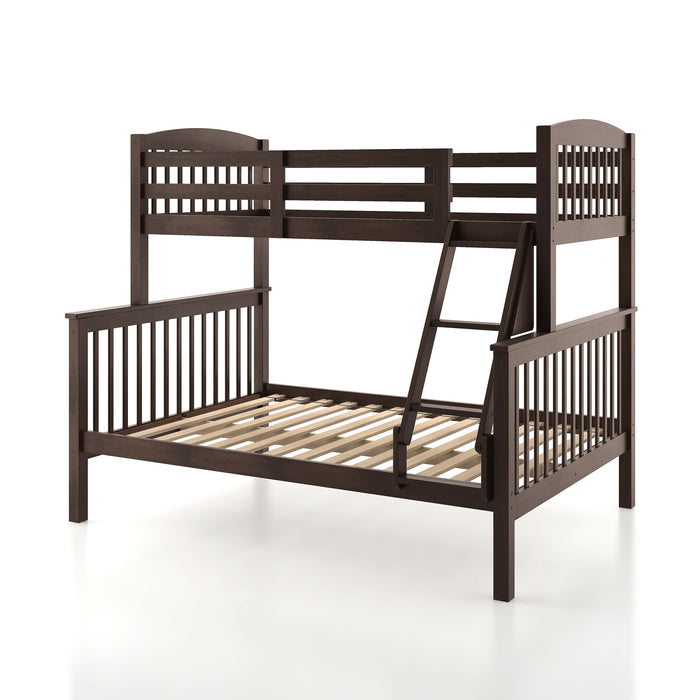 Left facing Mission style twin-over-full dark brown wood bunk bed on a white background