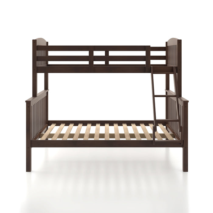 Front facing Mission style twin-over-full dark brown wood bunk bed on a white background