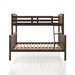 Front facing Mission style twin-over-full dark brown wood bunk bed on a white background