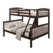 Right facing Mission style twin-over-full dark brown wood bunk bed with linens on a white background