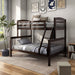 Right facing Mission style twin-over-full dark brown wood bunk bed in a room with linens and accessories