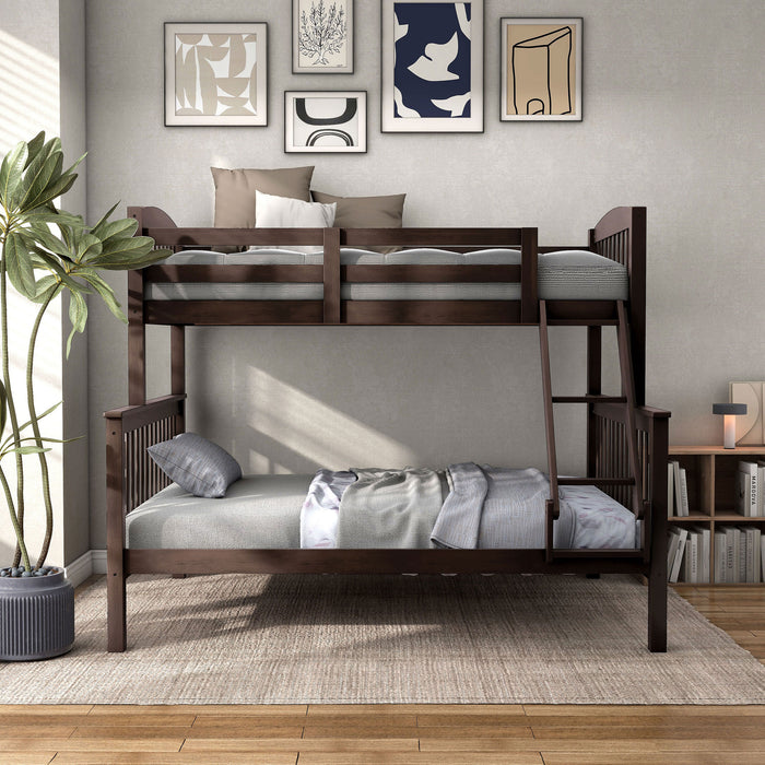 Front facing Mission style twin-over-full dark brown wood bunk bed in a room with linens and accessories