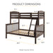 Left facing Mission style twin-over-full dark brown wood bunk bed on a white background with overlaid product dimensions