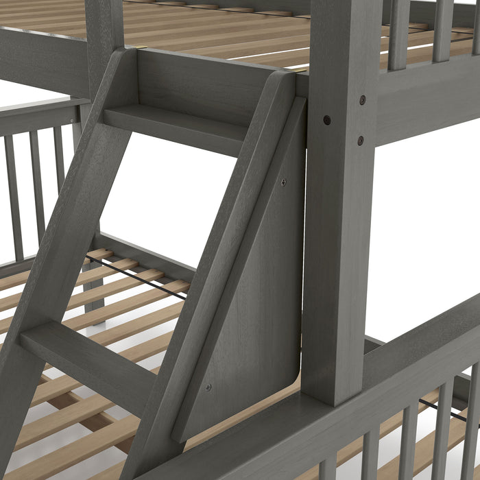 Left facing close up of the ladder of a Mission style twin-over-full grey wood bunk bed on a white background