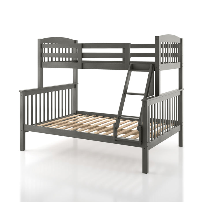 Left facing Mission style twin-over-full grey wood bunk bed on a white background