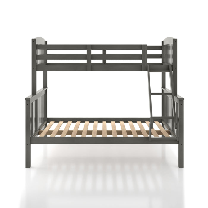 Front facing Mission style twin-over-full grey wood bunk bed on a white background