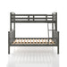 Front facing Mission style twin-over-full grey wood bunk bed on a white background