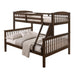 Left facing Mission style twin-over-full merlot wood bunk bed on a white background