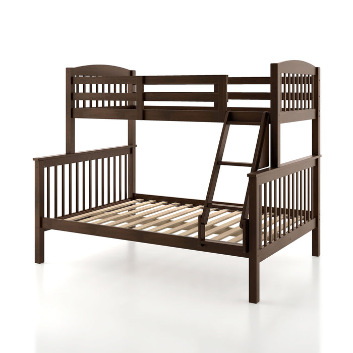 Left facing Mission style twin-over-full merlot wood bunk bed on a white background