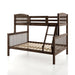 Left facing Mission style twin-over-full merlot wood bunk bed on a white background