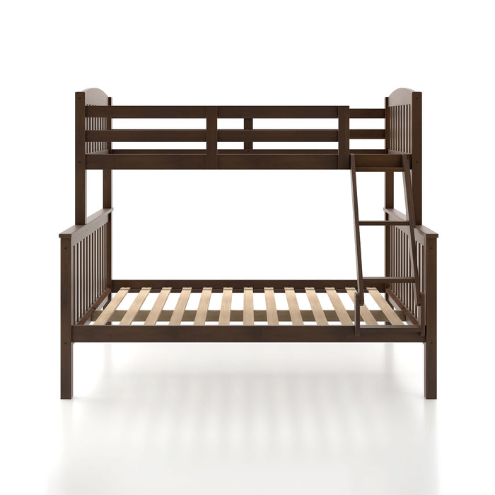 Front facing Mission style twin-over-full merlot wood bunk bed on a white background