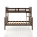 Front facing Mission style twin-over-full merlot wood bunk bed on a white background