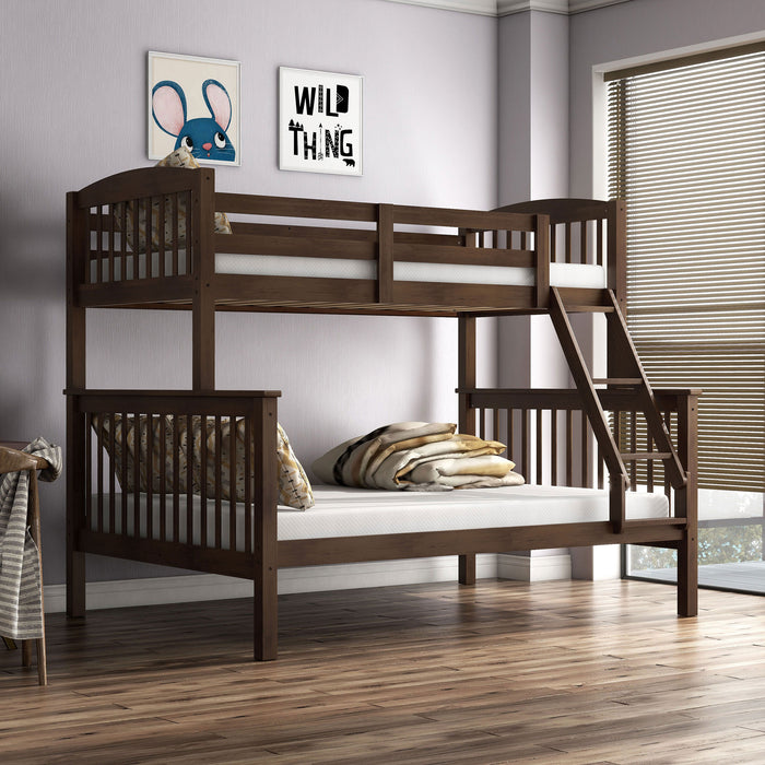 Right facing Mission style twin-over-full merlot wood bunk bed in a room with linens and accessories