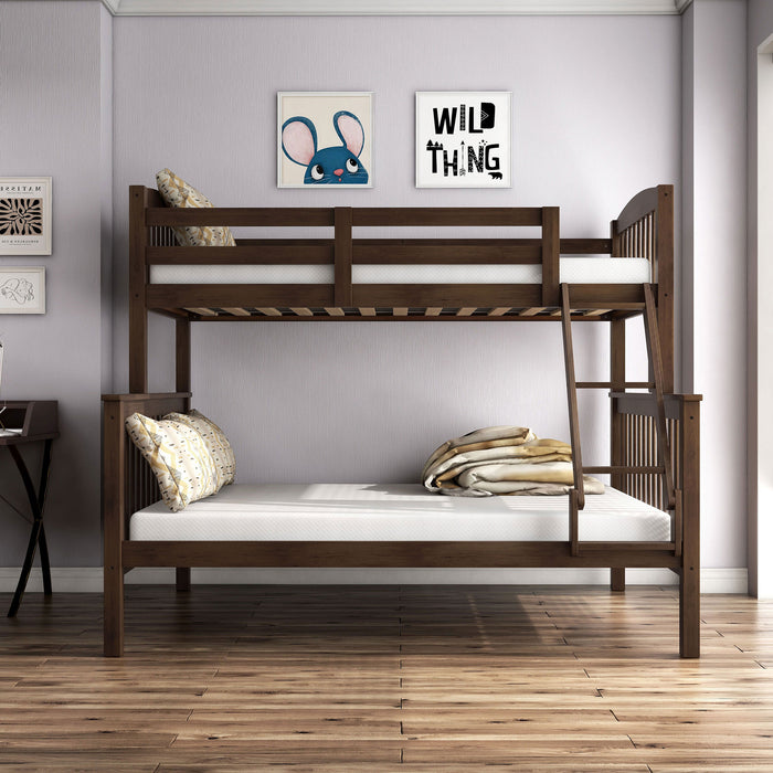 Front facing Mission style twin-over-full merlot wood bunk bed in a room with linens and accessories