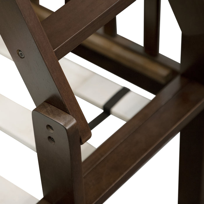 Left facing close up of the ladder of a Mission style twin-over-full merlot wood bunk bed on a white background