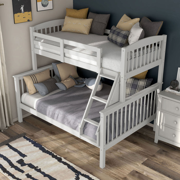 Left facing high-camera view of a Mission style twin-over-full white wood bunk bed in a room with linens and accessories