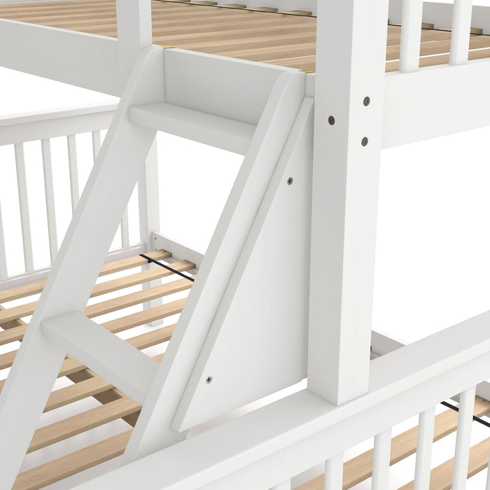 Left facing close up of the ladder of a Mission style twin-over-full white wood bunk bed on a white background