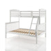 Left facing Mission style twin-over-full white wood bunk bed on a white background