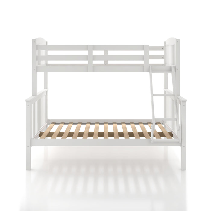 Front facing Mission style twin-over-full white wood bunk bed on a white background