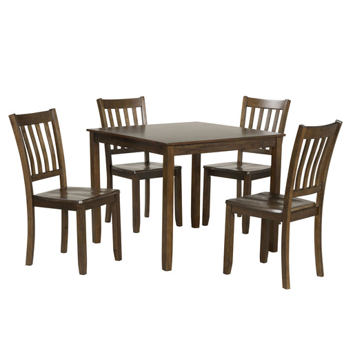 Side facing five-piece traditional walnut wooden dining set with a table and four chairs on a white background