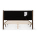 Front facing back view of a modern dark walnut wood frame queen platform bed with a channel tufted upholstered white boucle headboard on a white background