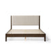 Front facing modern dark walnut wood frame light brown corduroy tufted headboard queen platform bed on a white background