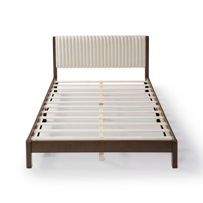 Front facing high-camera view of a modern dark walnut wood frame light brown corduroy tufted headboard queen platform bed on a white background