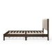 Front facing side view of a modern dark walnut wood frame light brown corduroy tufted headboard queen platform bed on a white background