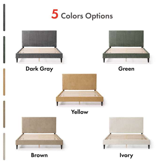 Informational image of a modern light brown corduroy channel tufted headboard queen platform bed showing color options, on a white background