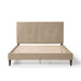 Front facing modern light brown corduroy channel tufted headboard queen platform bed on a white background