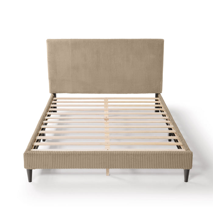 Front facing high-camera view of a modern light brown corduroy channel tufted headboard queen platform bed on a white background