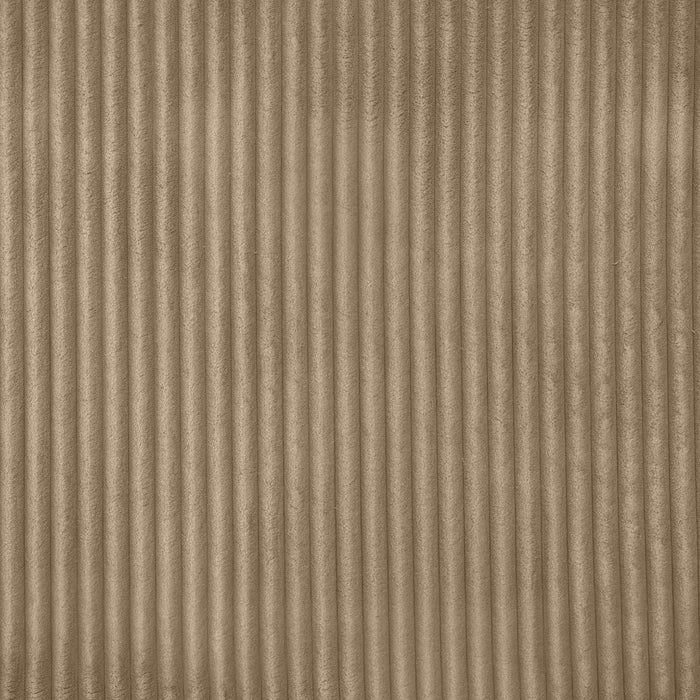 Close up fabric swatch of a modern light brown corduroy channel tufted headboard queen platform bed