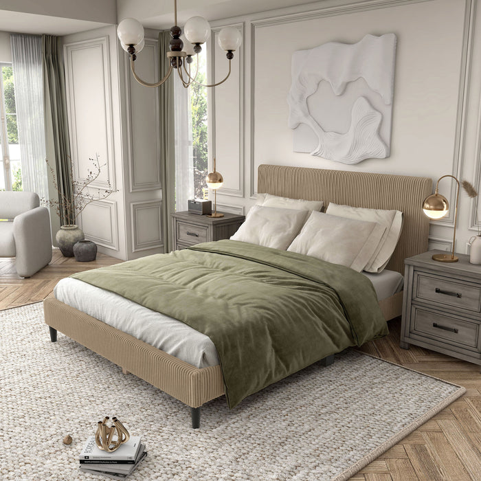 Left facing modern light brown corduroy channel tufted headboard queen platform bed in a room with linens and accessories