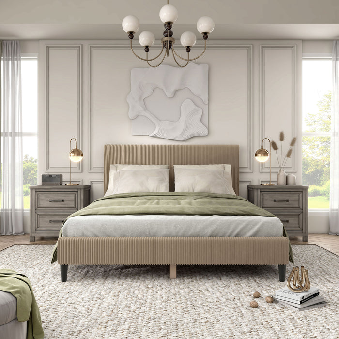 Front facing modern light brown corduroy channel tufted headboard queen platform bed in a room with linens and accessories