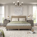 Front facing modern light brown corduroy channel tufted headboard queen platform bed in a room with linens and accessories