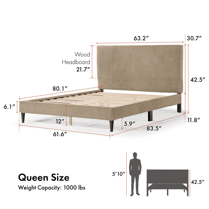 Informational image of a modern light brown corduroy channel tufted headboard queen platform bed overlaid with dimensions, on a white background