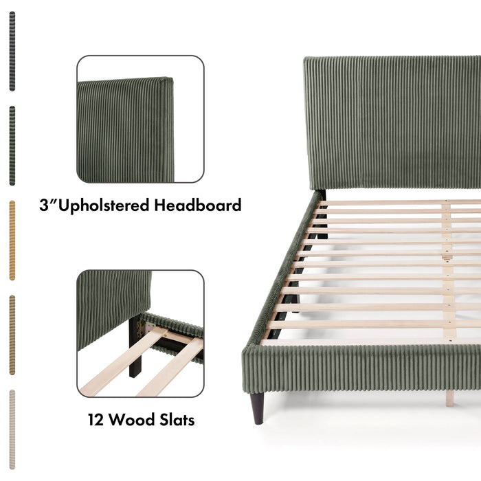 Informational image of a modern light brown corduroy channel tufted headboard queen platform bed showing the headboard and support slats, on a white background