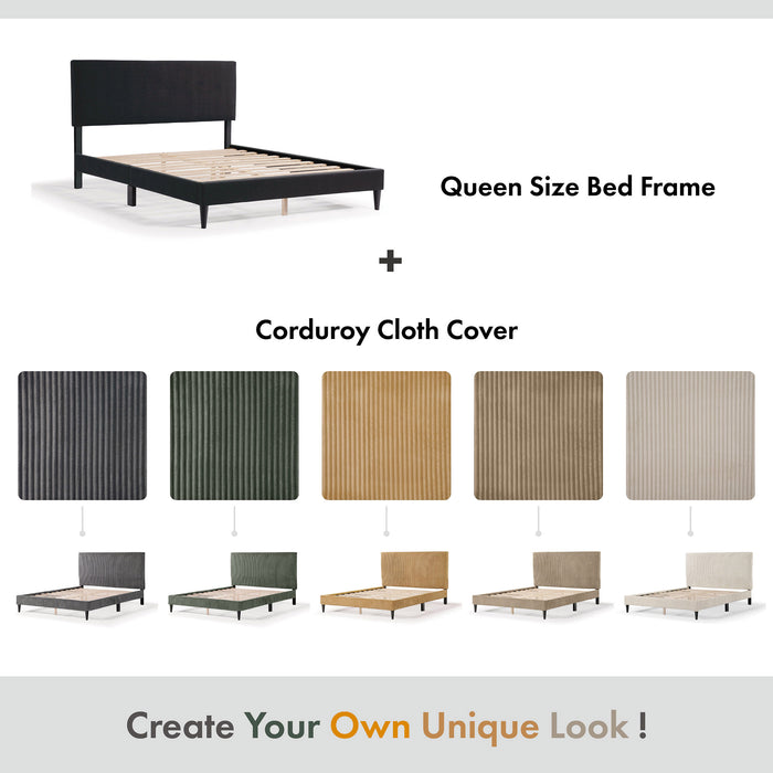 Informational image of a modern light brown corduroy channel tufted headboard queen platform bed showing color options, on a white background