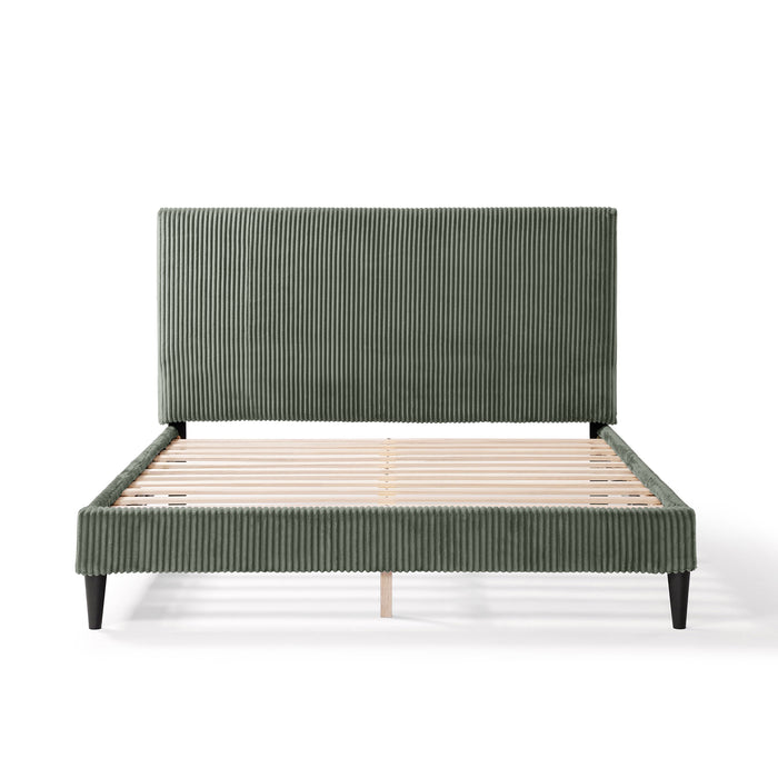 Front facing modern green corduroy channel tufted headboard queen platform bed on a white background