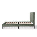 Front facing side view of a modern green corduroy channel tufted headboard queen platform bed on a white background