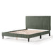 Left facing modern green corduroy channel tufted headboard queen platform bed on a white background