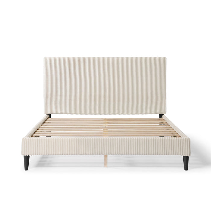 Front facing modern ivory corduroy channel tufted headboard queen platform bed on a white background