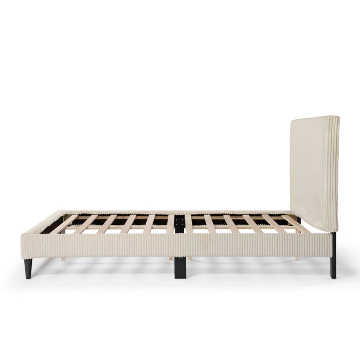 Front facing side view of a modern ivory corduroy channel tufted headboard queen platform bed on a white background