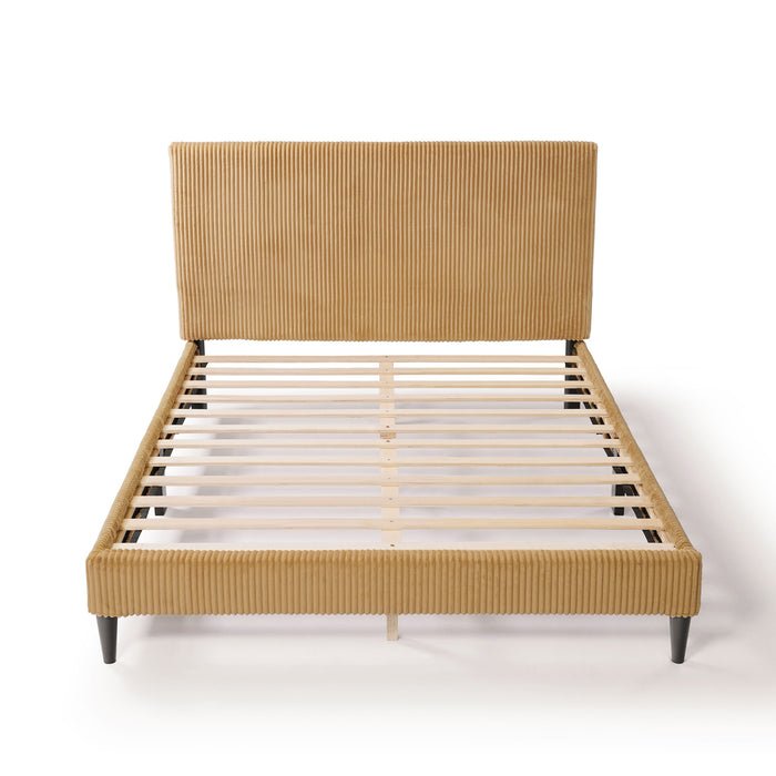 Front facing high-camera view of a modern yellow corduroy channel tufted headboard queen platform bed on a white background