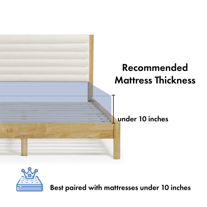 Informational image about mattress thickness of a modern wood frame queen platform bed with a channel tufted upholstered white boucle headboard on a white background