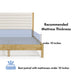 Informational image about mattress thickness of a modern wood frame queen platform bed with a channel tufted upholstered white boucle headboard on a white background