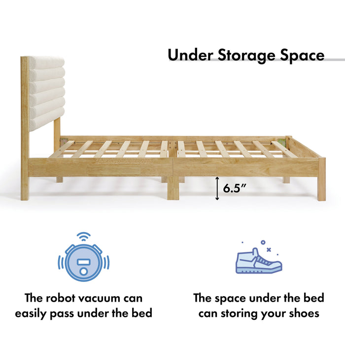 Informational image about underbed space of a modern wood frame queen platform bed with a channel tufted upholstered white boucle headboard on a white background