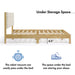 Informational image about underbed space of a modern wood frame queen platform bed with a channel tufted upholstered white boucle headboard on a white background