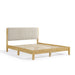 Right facing modern wood frame light brown corduroy tufted headboard queen platform bed on a white background